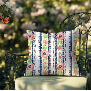 Watercolor Pink Floral Blue Stripes Green Leaves Cushion