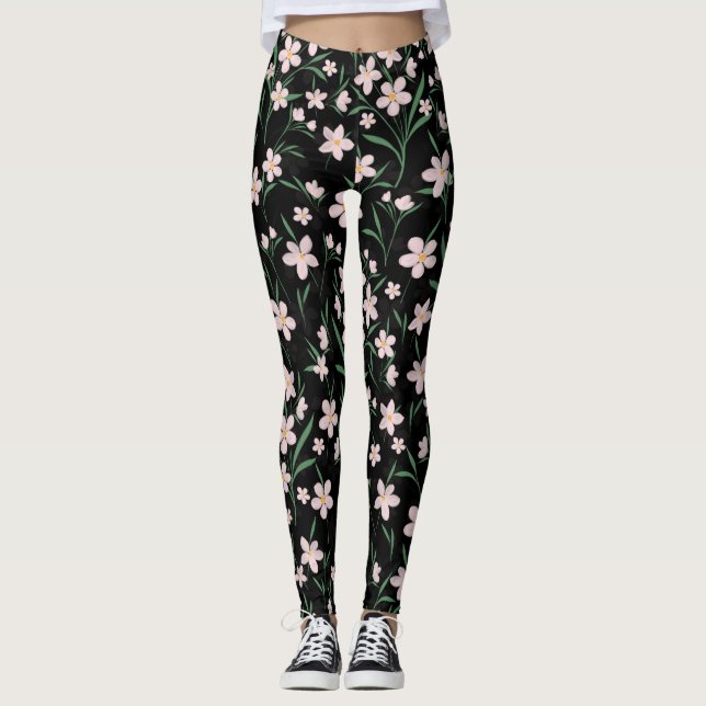 Watercolor Pink Floral Botanical Black Pattern Leggings (Front)