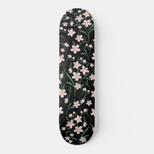 Watercolor Pink Floral Botanical Black Pattern Skateboard (Front)