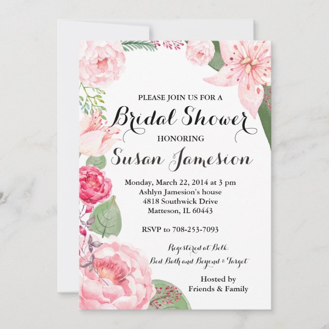 Watercolor pink Floral Bridal Shower Invitation (Front)