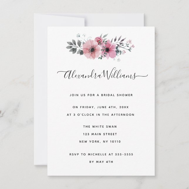 Watercolor Pink Floral Bridal Shower Invitations  (Front)
