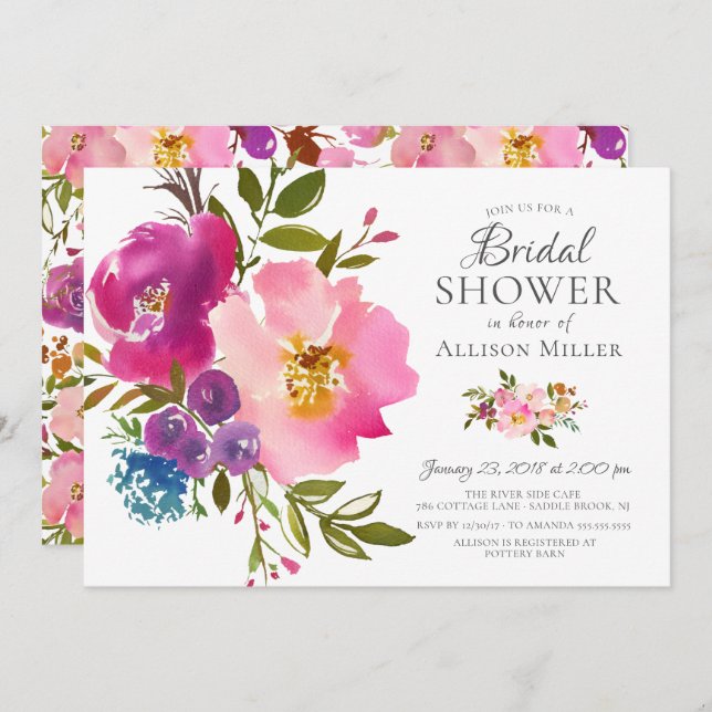 Watercolor Pink Floral Bridal Shower Invitations (Front/Back)