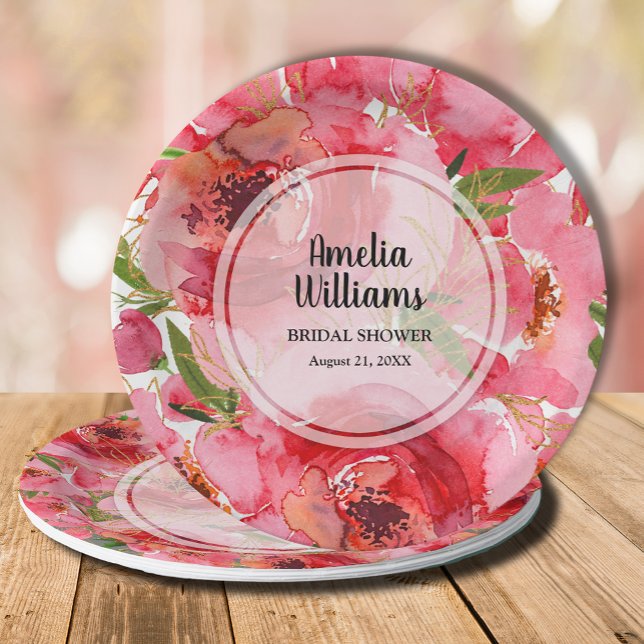 Watercolor Pink Floral Bridal Shower Paper Plate (Personalized watercolor pink floral bridal shower paper plates)
