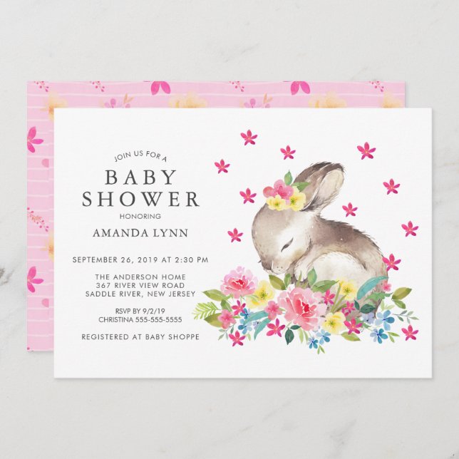 Watercolor Pink Floral Bunny Baby Girl Shower Invitation (Front/Back)