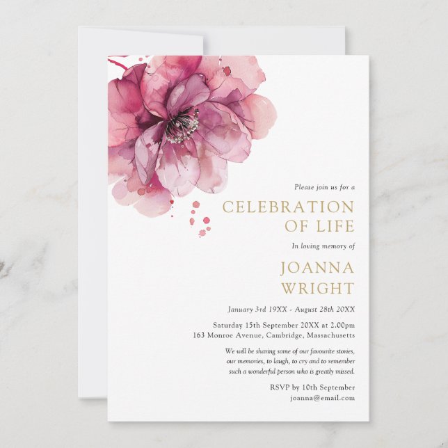 Watercolor Pink Floral Celebration Of Life Funeral Invitation (Front)