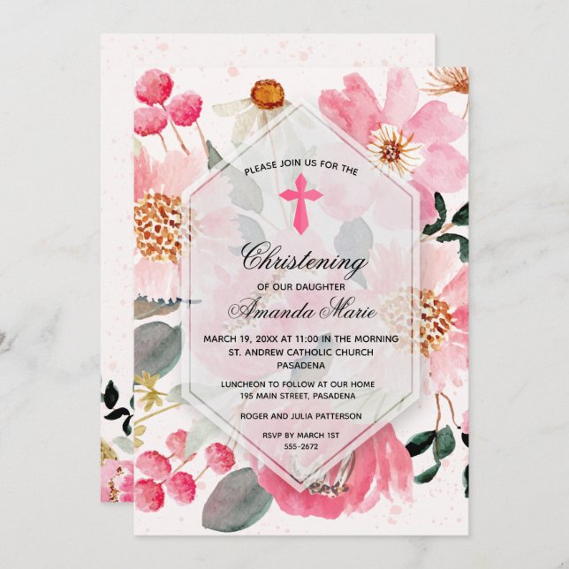 Watercolor Pink Floral Christening Invitation (Front/Back)