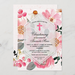 Watercolor Pink Floral Christening Invitation