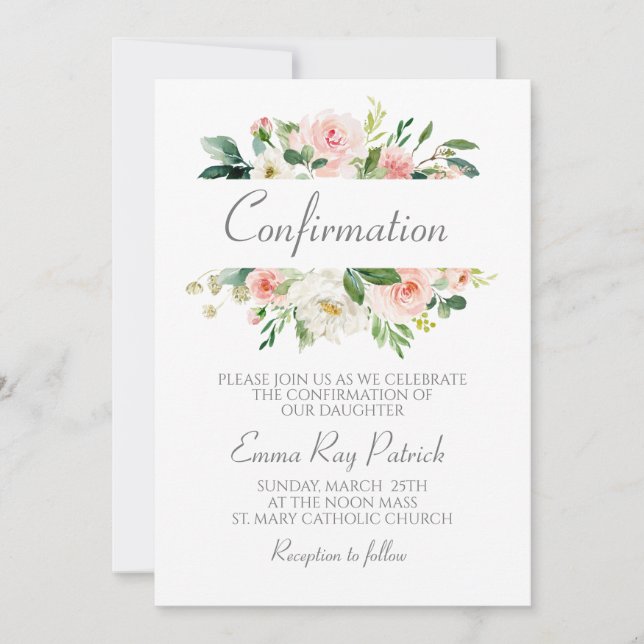Watercolor Pink Floral Confirmation  Invitation (Front)
