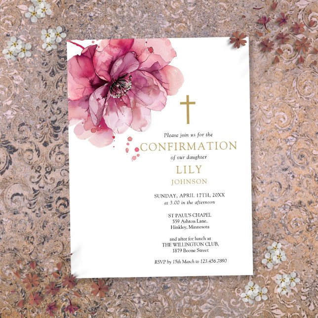 Watercolor Pink Floral Confirmation Invitation Postcard (Watercolor Pink Floral Confirmation Invitation Postcard)