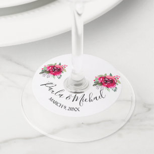 Watercolor Pink Floral Curve Script Wine Glass Tag