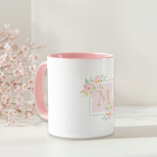 Watercolor Pink Floral Custom Initial Gift Mug
