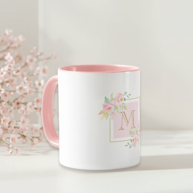 Watercolor Pink Floral Custom Monogram Coffee Mug (Creator Uploaded)