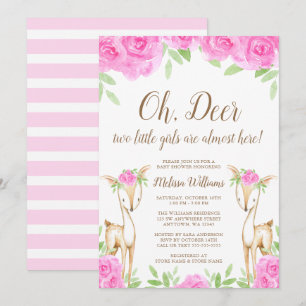 Watercolor Pink Floral Deer Twin Girl Baby Shower Invitation