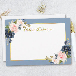 Watercolor Pink Floral Dusty Blue - Choose Size - Card