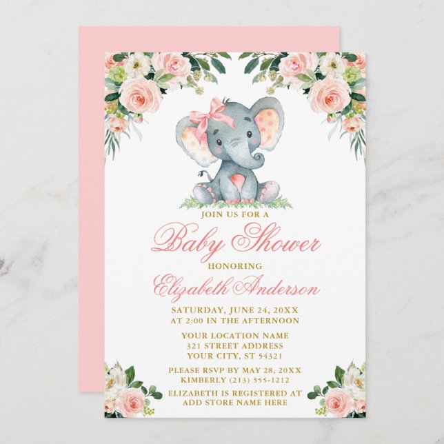 Watercolor Pink Floral Elephant Bow Baby Shower Invitation (Front/Back)