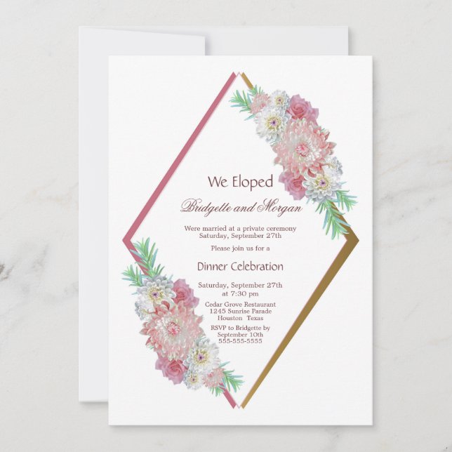 Watercolor Pink Floral Elopement Celebration Invitation (Front)