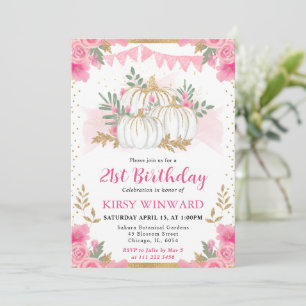 Watercolor Pink Floral Fall Pumpkin Birthday Invitation