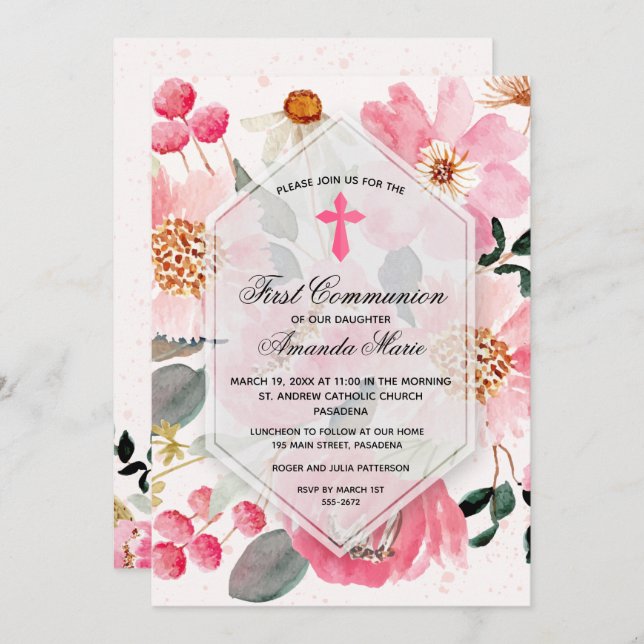 Watercolor Pink Floral First Communion Invitation (Front/Back)