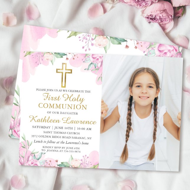 Watercolor Pink Floral First Holy Communion Photo Invitation (Creator Uploaded)