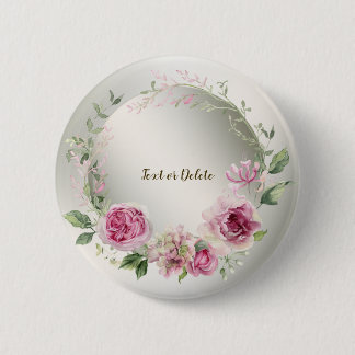Watercolor Pink Floral Frame Shiny Bronze Elegant 6 Cm Round Badge