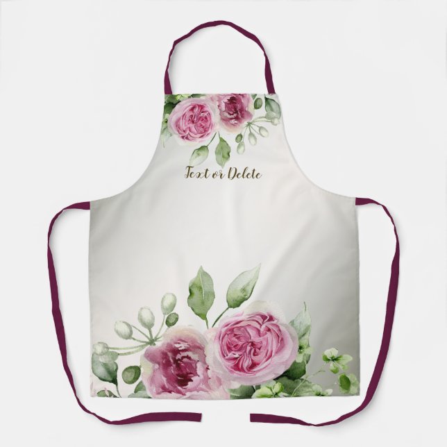 Watercolor Pink Floral Frame Shiny Bronze Elegant Apron (Front)