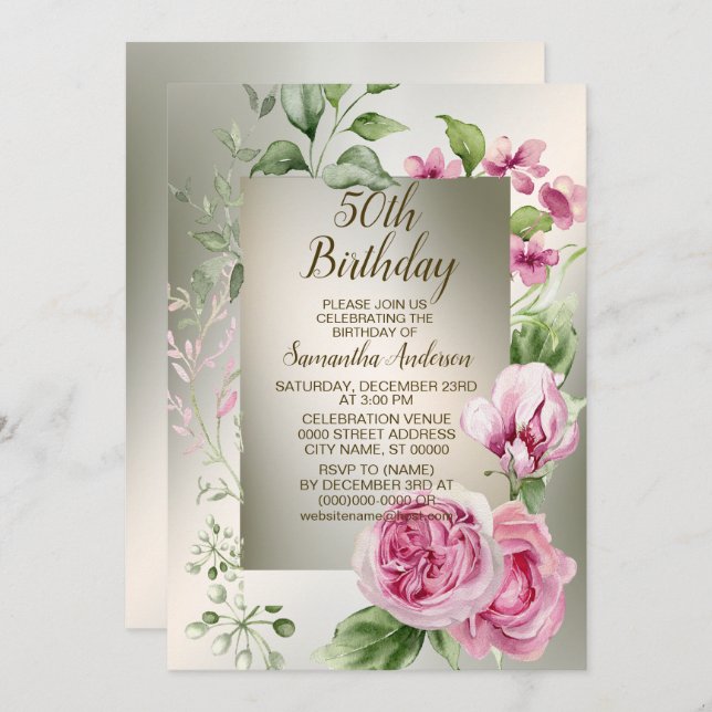 Watercolor Pink Floral Frame Shiny Bronze Elegant Invitation (Front/Back)