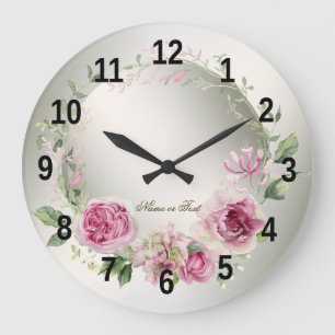 Watercolor Pink Floral Frame Shiny Bronze Elegant Large Clock