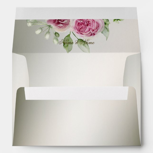 Watercolor Pink Floral Frame Shiny Bronze Party Envelope (Back (Bottom))
