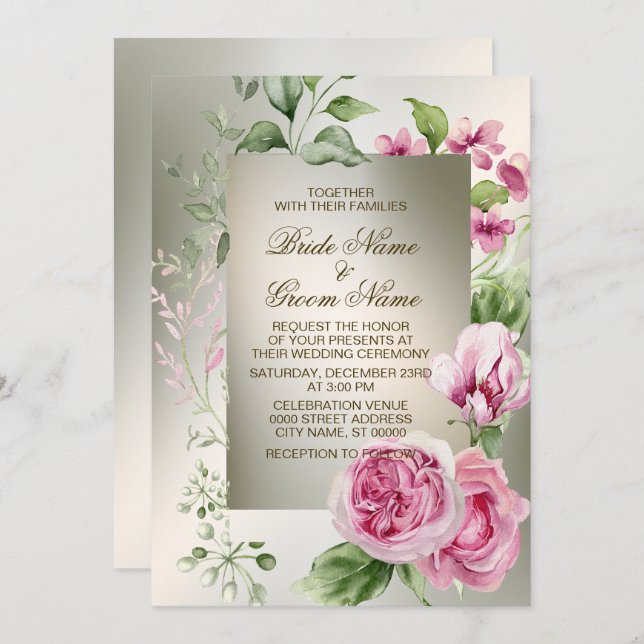 Watercolor Pink Floral Frame Shiny Bronze Party Invitation (Front/Back)