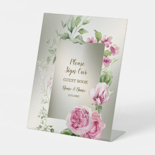 Watercolor Pink Floral Frame Shiny Bronze Party Pedestal Sign