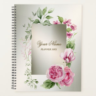 Watercolor Pink Floral Frame Shiny Bronze Party Planner