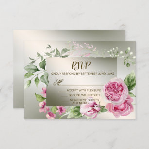 Watercolor Pink Floral Frame Shiny Bronze Party RSVP Card