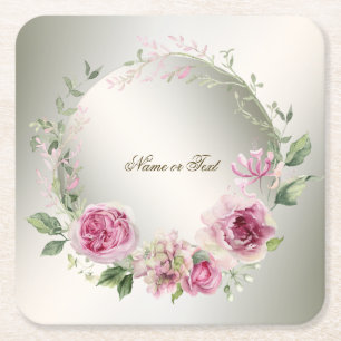 Watercolor Pink Floral Frame Shiny Bronze Party Square Paper Coaster