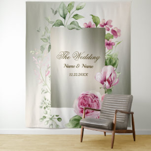 Watercolor Pink Floral Frame Shiny Bronze Party Tapestry