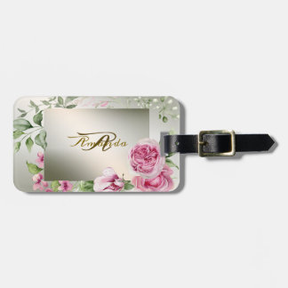 Watercolor Pink Floral Frame Shiny Bronze Travel Luggage Tag
