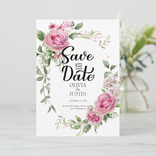 Watercolor Pink Floral Frame Wedding Save The Date (Standing Front)