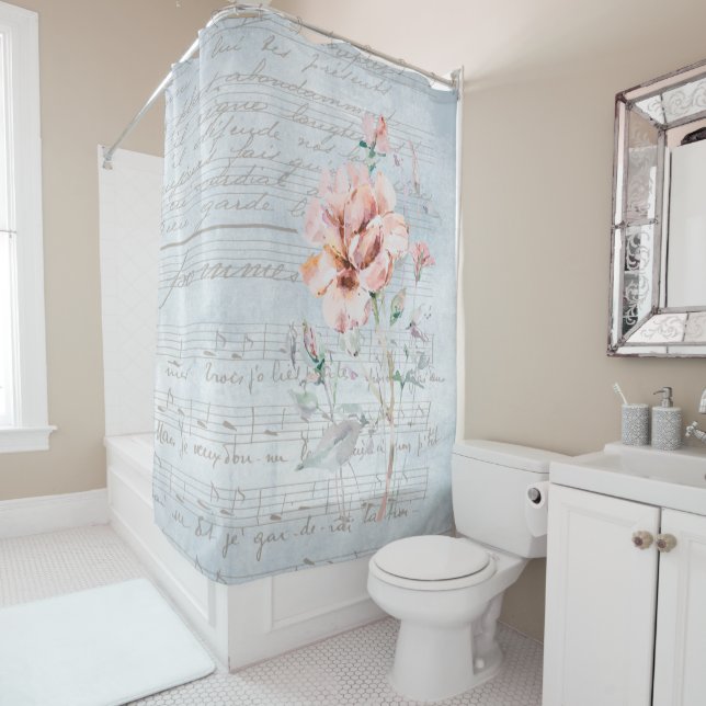 Watercolor Pink Floral French Music Shower Curtain (In Situ)