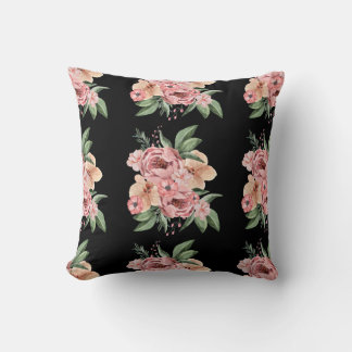 Watercolor pink Floral garden black pillow 