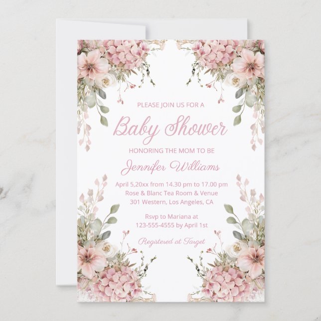 watercolor pink floral garden girl baby shower invitation (Front)