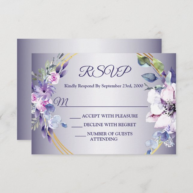 Watercolor Pink Floral Geometric Golden Purple RSVP Card (Front/Back)