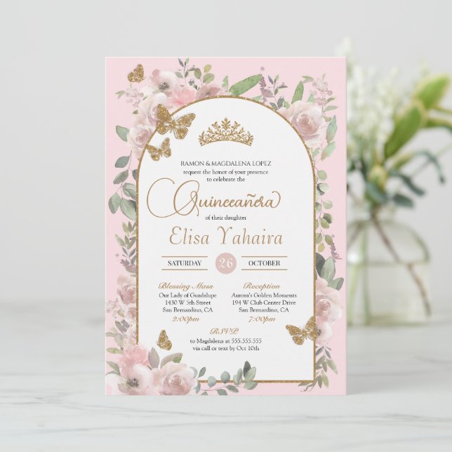 Watercolor Pink Floral Gold Butterfly Quinceañera Invitation (Standing Front)