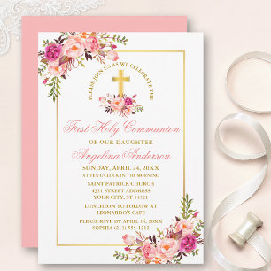 Watercolor Pink Floral Gold Frame First Communion Invitation