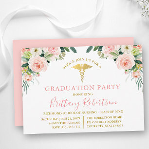 Watercolor Pink Floral Gold Medical Grad Party Invitation