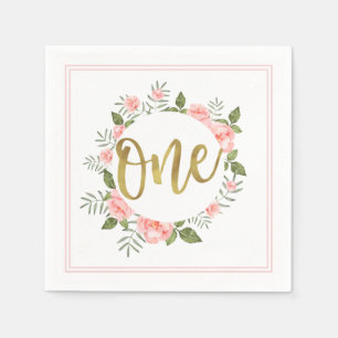 Watercolor Pink Floral Gold One First Birthday Napkin