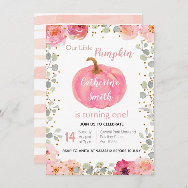 Watercolor Pink Floral Gold Pumpkin 1st Birthday Invitation (Front/Back)