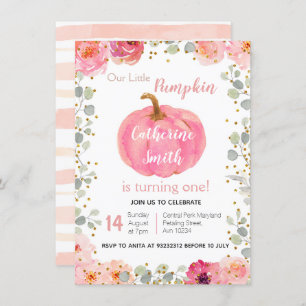 Watercolor Pink Floral Gold Pumpkin 1st Birthday Invitation