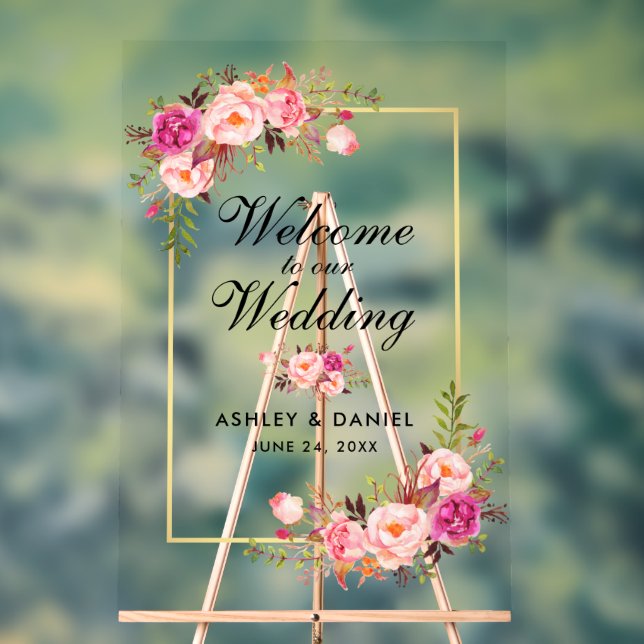 Watercolor Pink Floral Gold Wedding Welcome Acrylic Sign (Neutral)