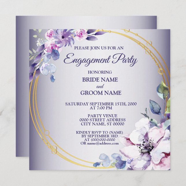Watercolor Pink Floral Golden Purple Engagement  Invitation (Front/Back)