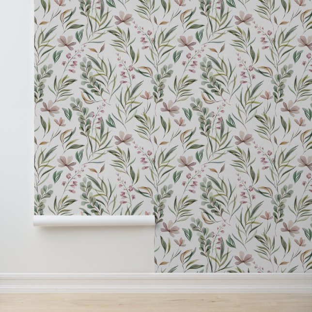 Watercolor Pink Floral Green Foliage Botanical  Wallpaper (Application)