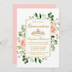 Watercolor Pink Floral Greenery Gold Quinceanera Invitation